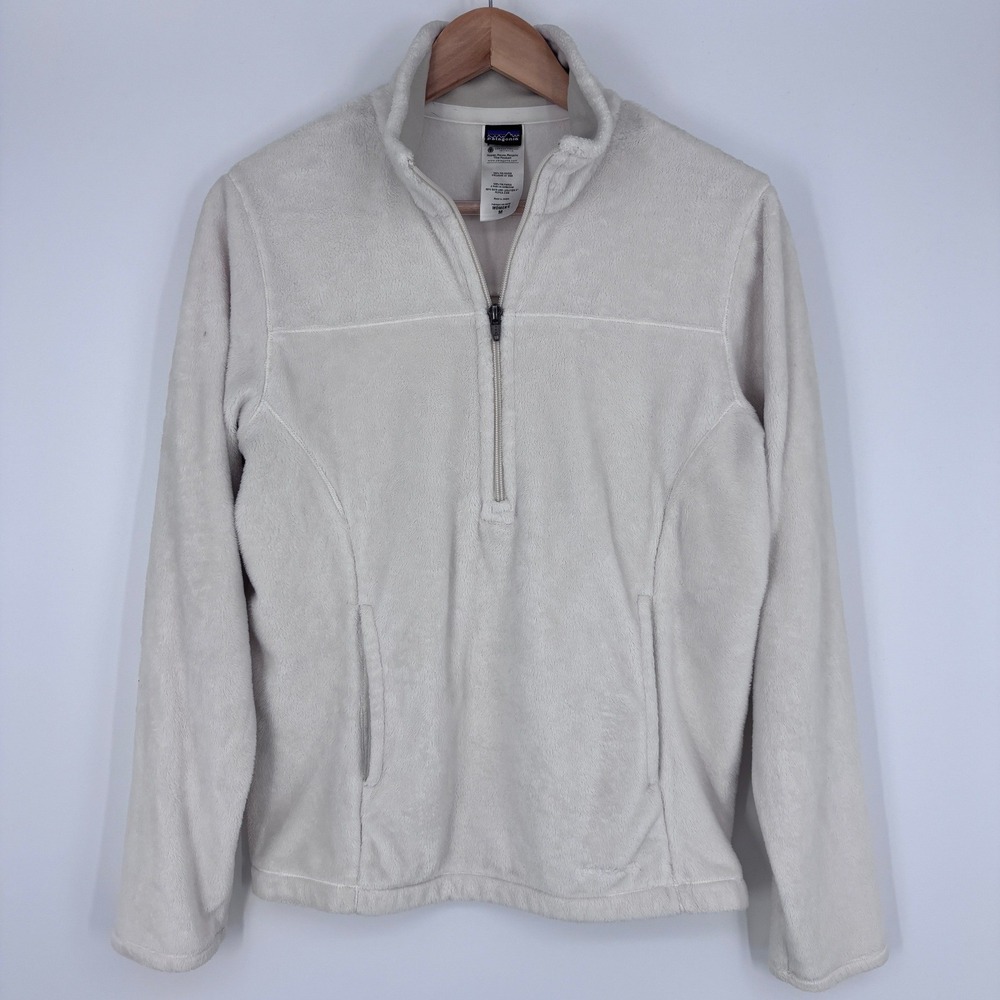 Patagonia Plush Synchilla Marsupial Pullover Womens M White 1/4 Zip Snap-T FLAW